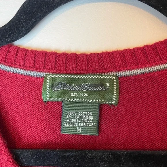 Vintage Eddie Bauer Red Cable Knit Cotton Cashmere V-Neck Sweater Vest Medium - Picture 2 of 7